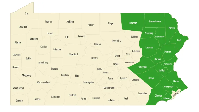 eastern counties minus philadelphia