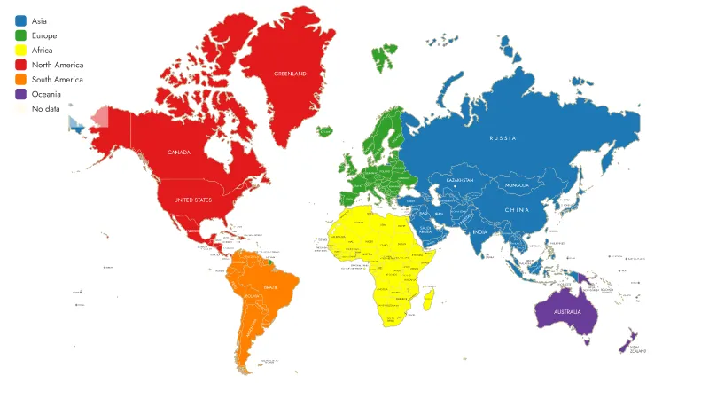 Countries marked by their continents