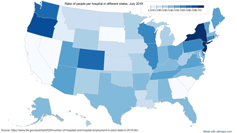 [COMMUNITY] Ratio of people per hospital in different states, July 2019