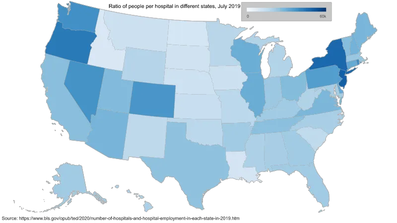 [COMMUNITY] Ratio of people per hospital in different states, July 2019