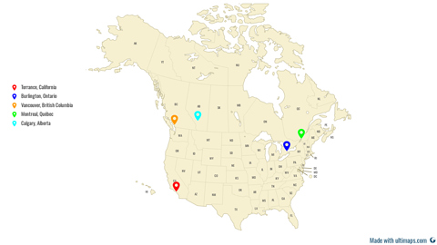Map of N. America (including Torrance and Canada)