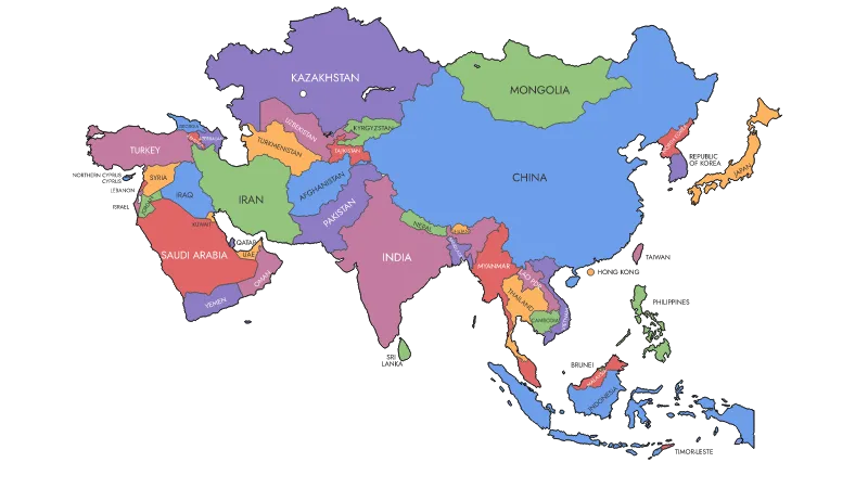 Asia map, countries labeled, different colors