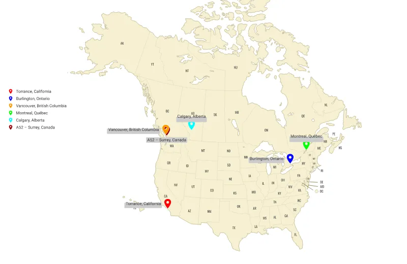 Map of N. America (including Torrance and Canada)