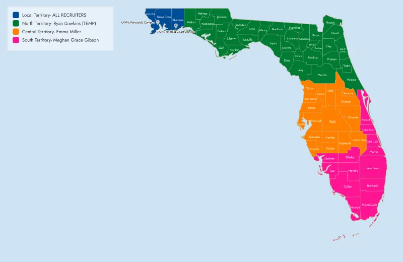 University of West Florida Recruitment Territories as of December 2025