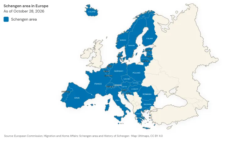 Schengen area map with all 29 countries