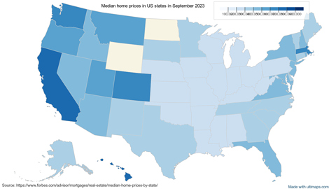 Median home prices in US states in September 2023