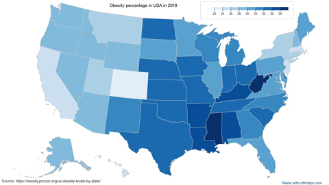 Obesity percentage in USA in 2018