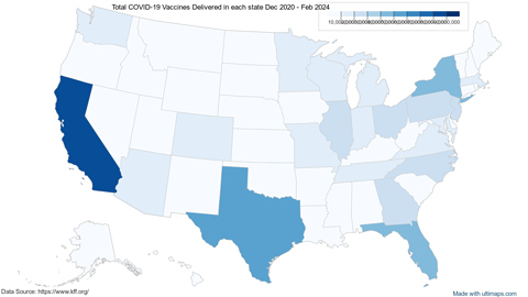 Total COVID-19 Vaccines Delivered in each state Dec 2020 - Feb 2024