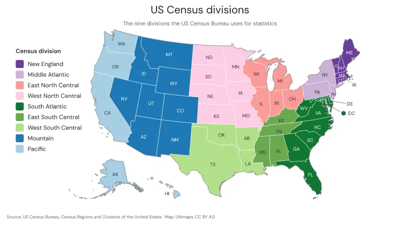 US divisions map with the 9 Census Bureau divisions