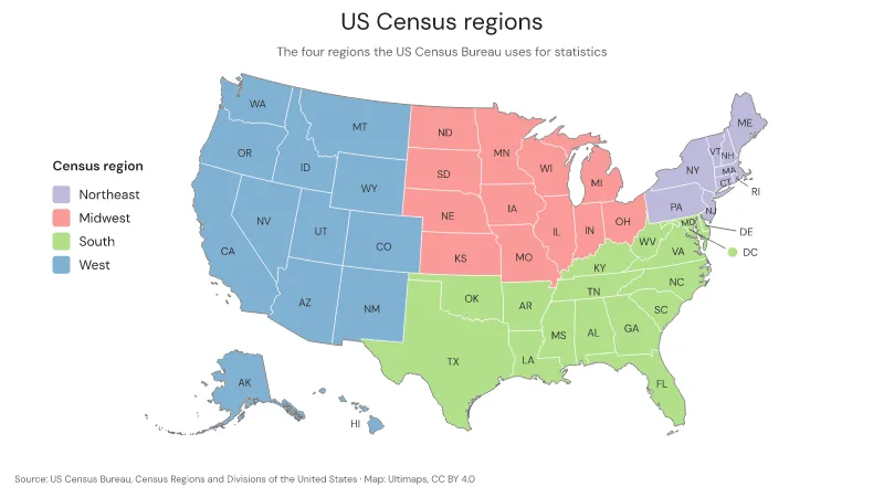 US regions map with the 4 Census Bureau regions